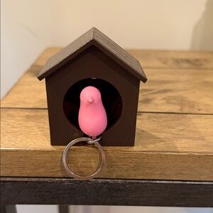 Pink Bird Key Chain with Whistle & Brown Bird House Holder
